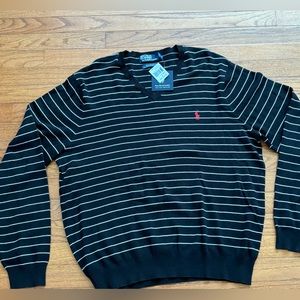 Polo Ralph Lauren v neck Pima sweater size large new striped net black white